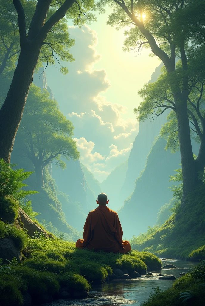 Monk in the forest and looking at the sky