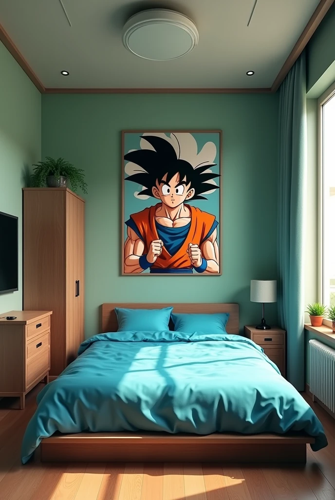 Create a room at home with a bed ,a table, a television, a climate , a wardrobe, the green walls, the blue sheets and a dragon ball anime poster