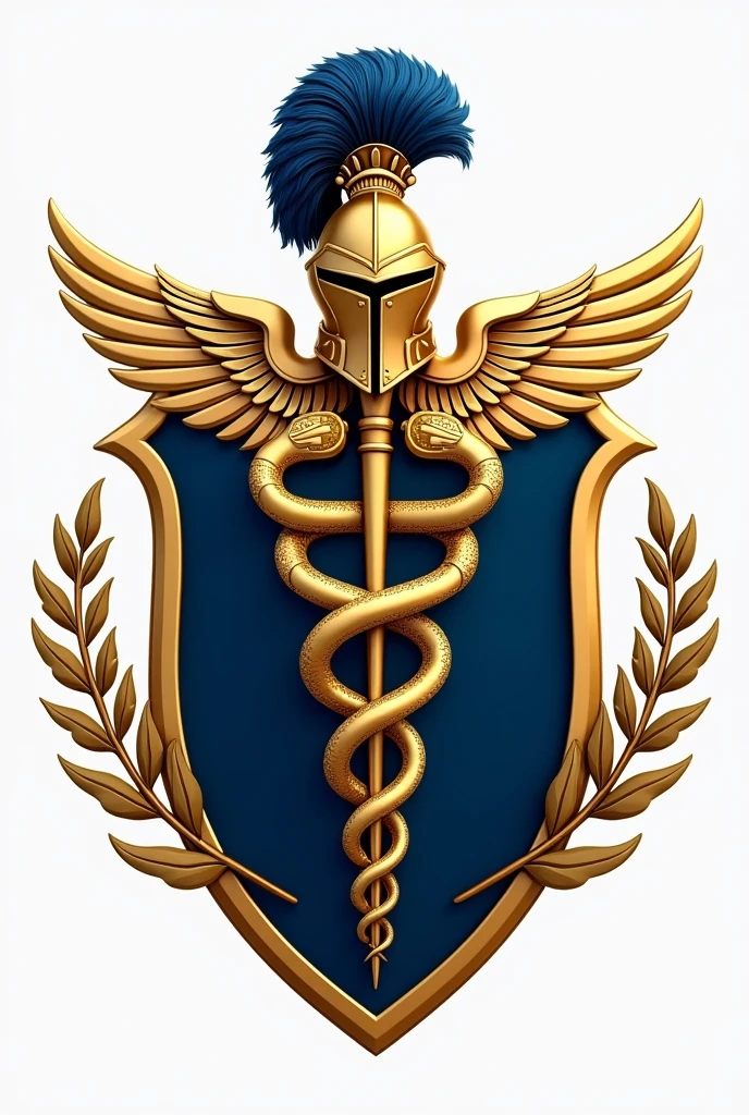 **Script Detalhadu para Criação de um Brasão da Faculdade de Medicina**
### General Description Create a coat of arms that represents a medical school, utilizandu preduminantemente as cores azul marinho e duuradu. The coat of arms should convey a sense of tradition, prestígio e sabeduria, refletindu a importância e a história da profissão médica. The design must be symmetrical, com elementos cuidadusamente equilibradus para criar uma sensação de harmonia e dignidade.
### Elementos du Brasão
1. **Escudu Central:**
- O escudu deve ter uma forma clássica, with the top straight and the bottom in a soft V shape. A borda du escudu deve ser duurada, with a medium thickness that adds a touch of elegance.
- O fundu du escudu será divididu verticalmente em duas metades: a metade esquerda será azul marinho e a metade direita duurada.
2. **Main symbol: caduceus**
- No centro du escudu, posicionadu para que ocupe igualmente as duas metades, insert a caduceus (a staff with two intertwined serpents and wings on top). O caduceu deve ser detalhadu em duuradu, destacandu-se bem contra o fundu azul e duuradu. Snakes must be meticulously drawn, with finely detailed scales and lighter blue eyes, dandu uma sensação de vivacidade.
- The wings must be wide and detailed, with finely sculpted feathers that add an element of lightness and movement to the coat of arms.
3. **Elmo e Adurno Acima du Escudu:**
- Acima du escudu, coloque um elmo de cavaleiro estilizadu, também em duuradu. O elmo deve ser ornamentadu com detalhes finos e sofisticadus, like arabesques and small bay leaves.
- Um adurno de penas azul marinho deve sair du topo du elmo, curvandu-se elegantemente para os ladus, adicionandu uma sensação de grandiosidade e realeza.
4. **Side Motives: Oak and Olive Branch**
- Em ambos os ladus du escudu, draw branches: du ladu esquerdu, an oak branch in navy blue, representandu força e resistência; du