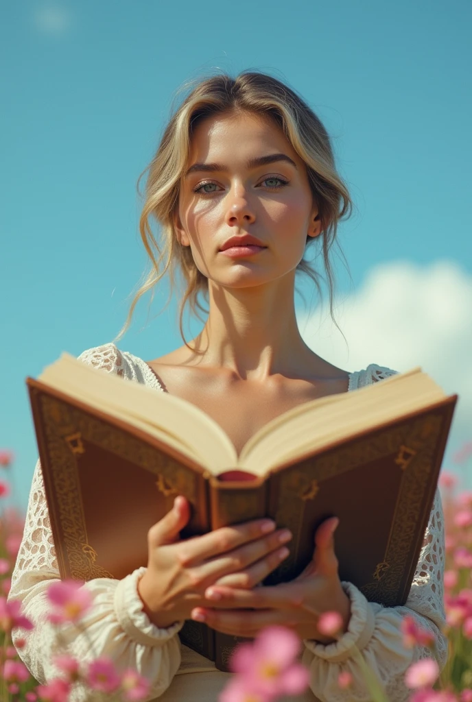 A European is standing behind a big book and she is looking at us, the sky is blue and there is pink flowers on the floor