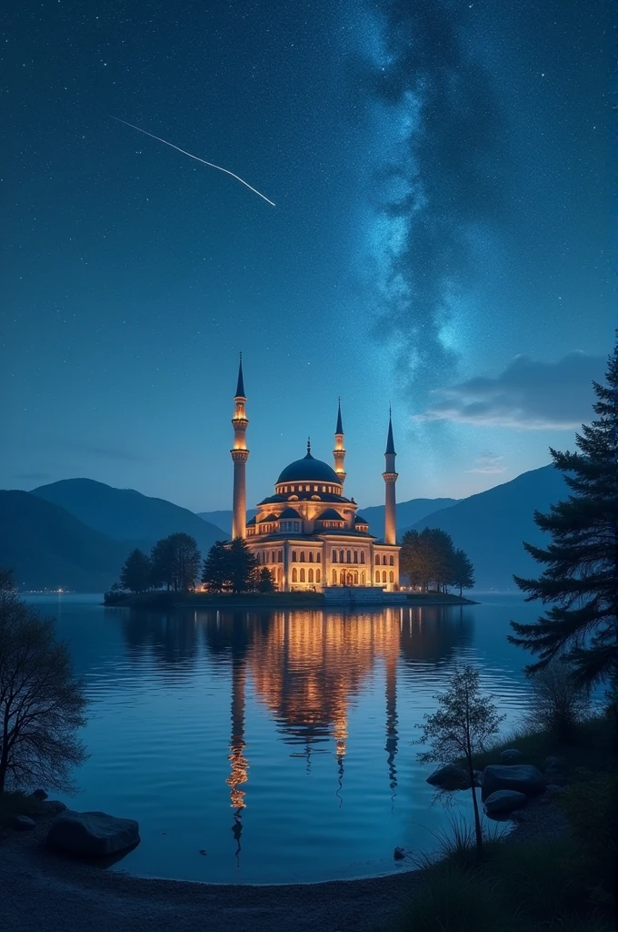 mosque on an island in the middle of a clear lake, trees on the edge of the lake and around the mosque, around the lake there are hills, with an night atmosphere, sky full of the stars, shooting stars, high resolution, super hd, far few mosuque