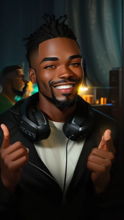 there is a young man smiling at the camera excitedly, black man with medium length hair, short beard on the sides and large beard on the front of the face, animated film, gamer room illustration in background image, illustration of headphones around the neck , illustration of computer screens, Art on Artstation, illustration of waving thumbs, adorable digital painting, detailed portrayal, illustration of black sweater and lime green t-shirt inside, Realistic dinner, 3d animation film, book illustration , game illustration, still animation film