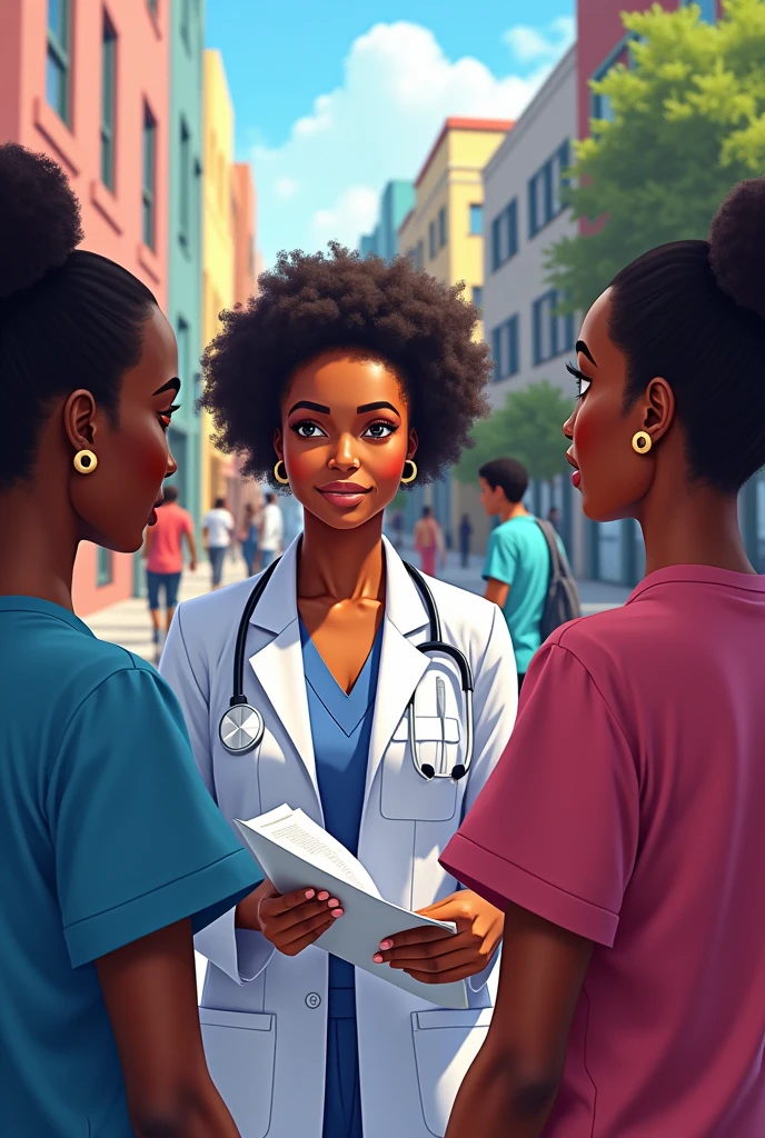 In a public square, There are three young African-American women, a very beautiful afro-haitian nurse, an Afro-Haitian doctor, discuss the'future of their health. Spacious setting, you can see the surroundings well, colorful fabulous. L'nurse gives a booklet to a young man. Beautiful setting. Please include all requested characters.