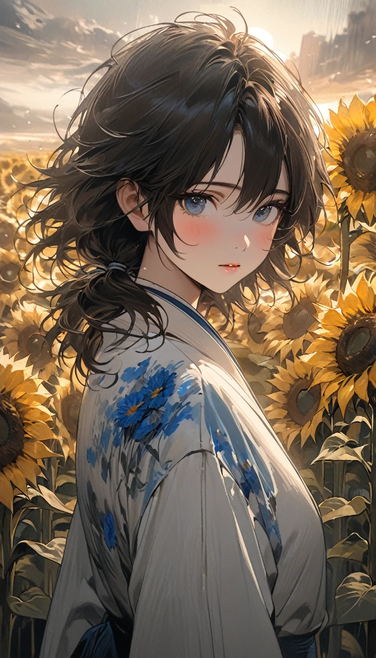 Fictional character composition, Wearing young blue flowers, Surrounded by sunflowers, main character, Open your eyes, His hair was tousled by the wind, The sun heals, Close-up monochrome painting, cute, wonderful, Oil painting style, Acrylic paint,, Japanese, An interesting concept, Interesting picture - ar 3:4 - 20 - 5 or more  