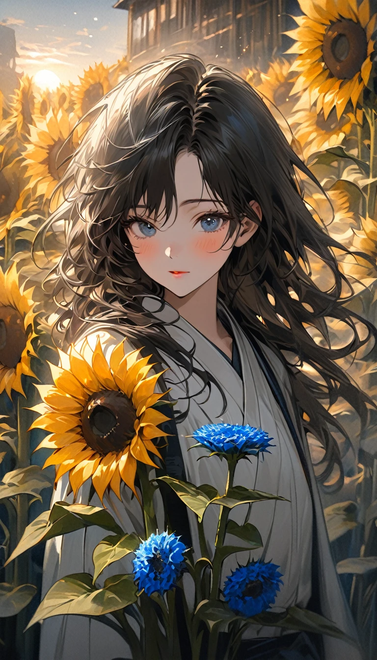 Fictional character composition, Wearing young blue flowers, Surrounded by sunflowers, main character, Open your eyes, His hair was tousled by the wind, The sun heals, Close-up monochrome painting, cute, wonderful, Oil painting style, Acrylic paint,, Japanese, An interesting concept, Interesting picture - ar 3:4 - 20 - 5 or more  