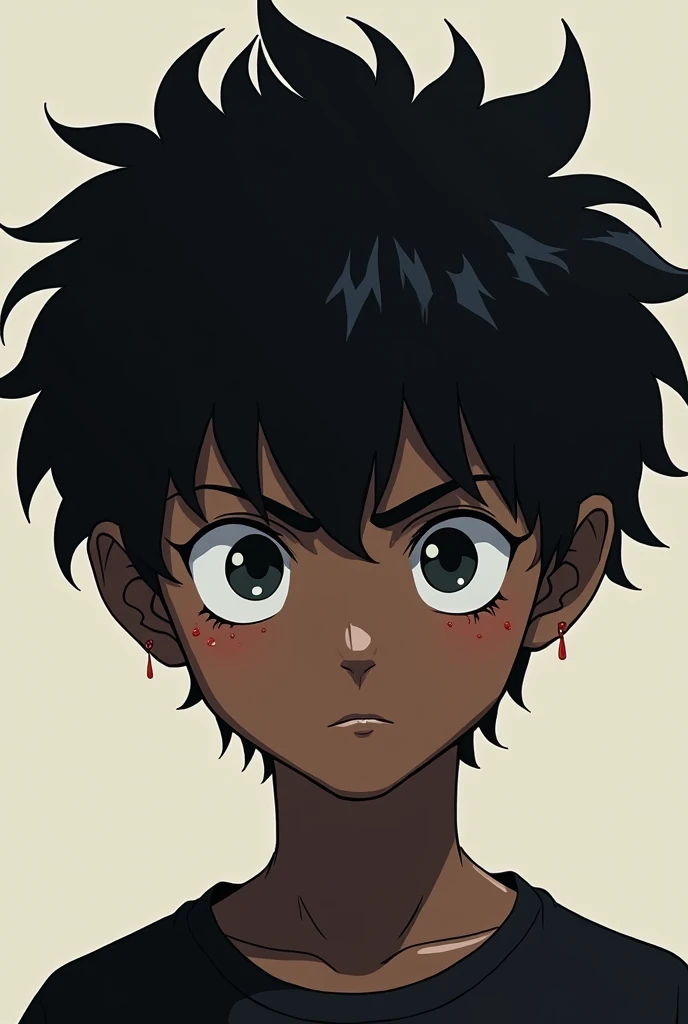 Black eyes,black skin,ugly,big 
nose,black hair,anime,male,twelve year's old,super ugly
