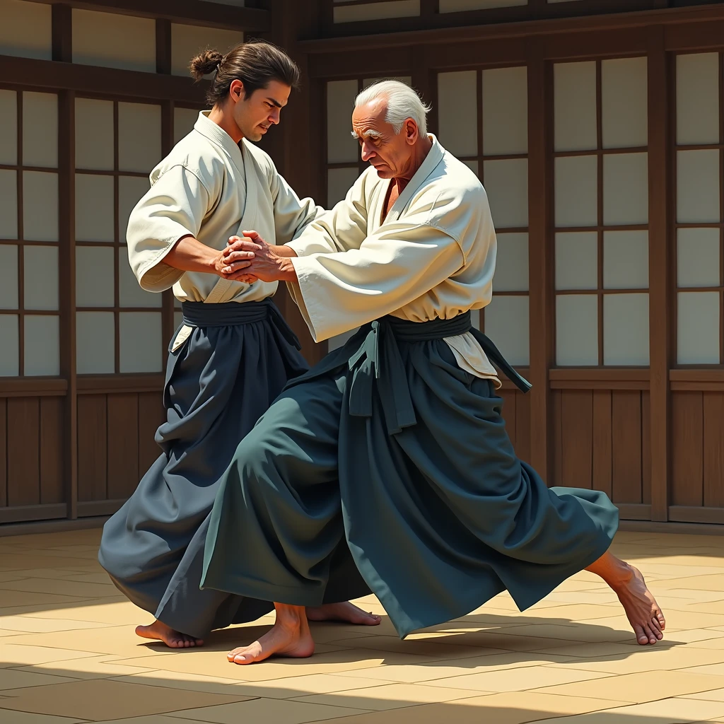 An old man practicing aikido with muscular body々He threw the big man with great force.