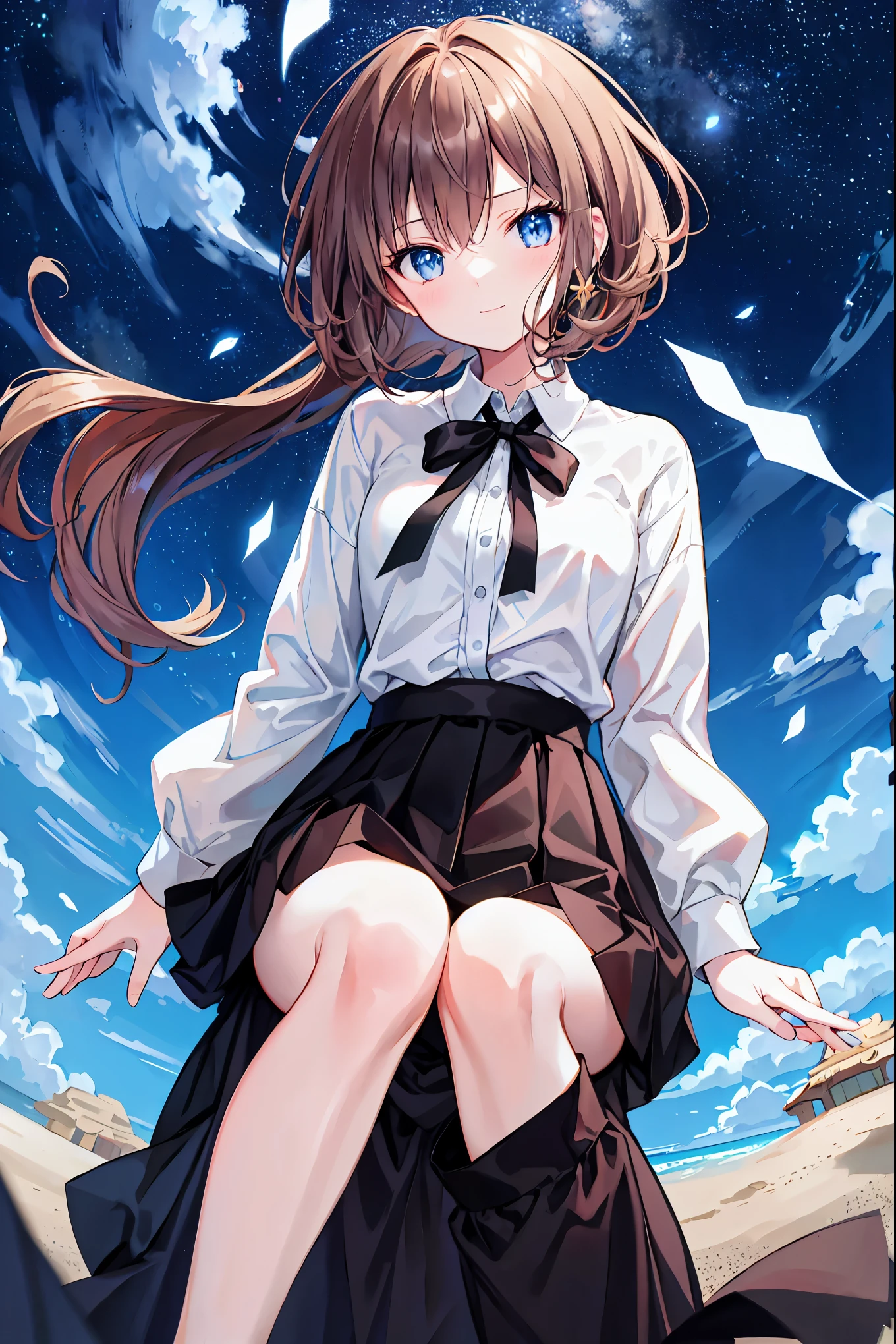 Brown Hair，Shortcuts，Messy Hair，Slender beauty，A dignified posture，Small chest，Beautiful feet，Her captivating grey-blue eyes shine like stars，beautiful girl，（Cute older sister:1.3）、Long eyelashes、smile,Spring atmosphere、noon、Aggressive、hot、((Strong winds))、Black Skirt、Shining Eyes、Light blue Y-shirt、Cafe