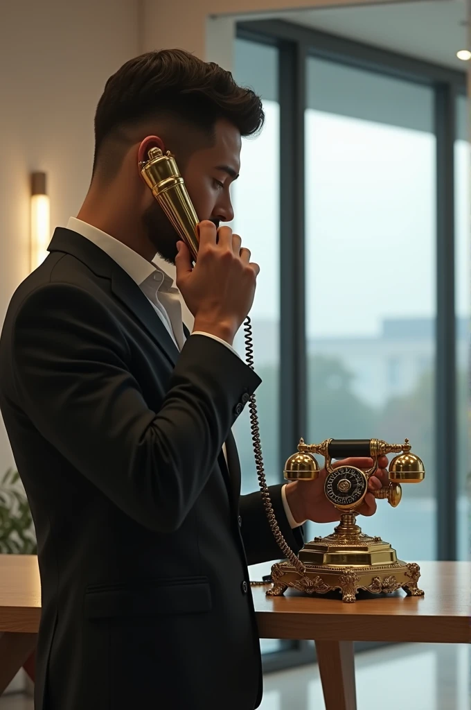 A modern person from 2024 talking on a Graham Bell telephone from 1876