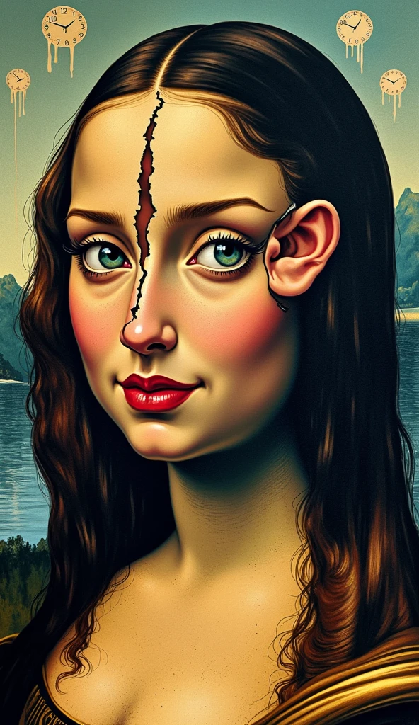 "An abstract, surreal illustration of a woman in the style of Picasso, with a fragmented face where the nose protrudes from one side, two eyes on one half of the face, and an oversized mouth. She exudes the mysterious, serene aura of the Mona Lisa, with a subtle, enigmatic smile. The background features melting clocks reminiscent of Salvador Dalí’s 'The Persistence of Memory,' creating a dreamlike, distorted sense of time. The overall color palette is vibrant yet balanced, with bold, expressive brushstrokes."