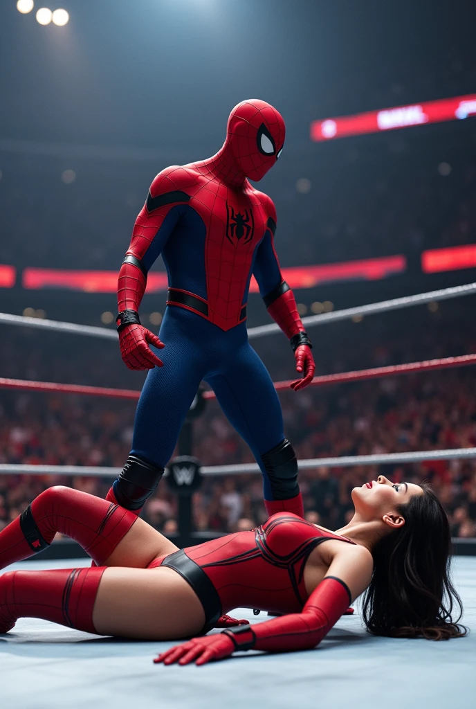 Spider man(Tom Holland)batte Elektra(comics edition vestita con il vestito rosso con le gambe e braccia scoperte) in un match di WWE Elektra è al tappeto e spider man festeggia 
