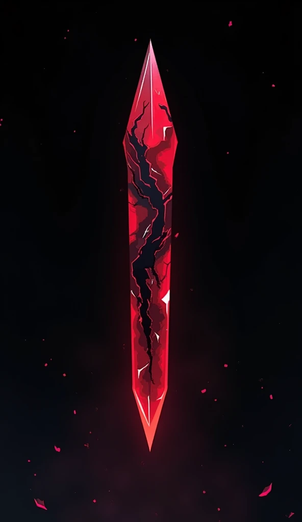 A sword projectile in the style of a clear pixel art, made of solid blood-colored crystal with vessels of black void