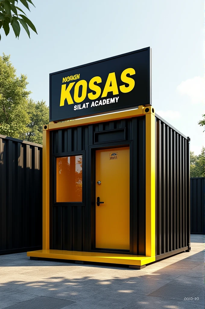 The container cabin is painted in black and yellow .Above it there is a board that says KOSAS SILAT ACADEMY.Super Realistic