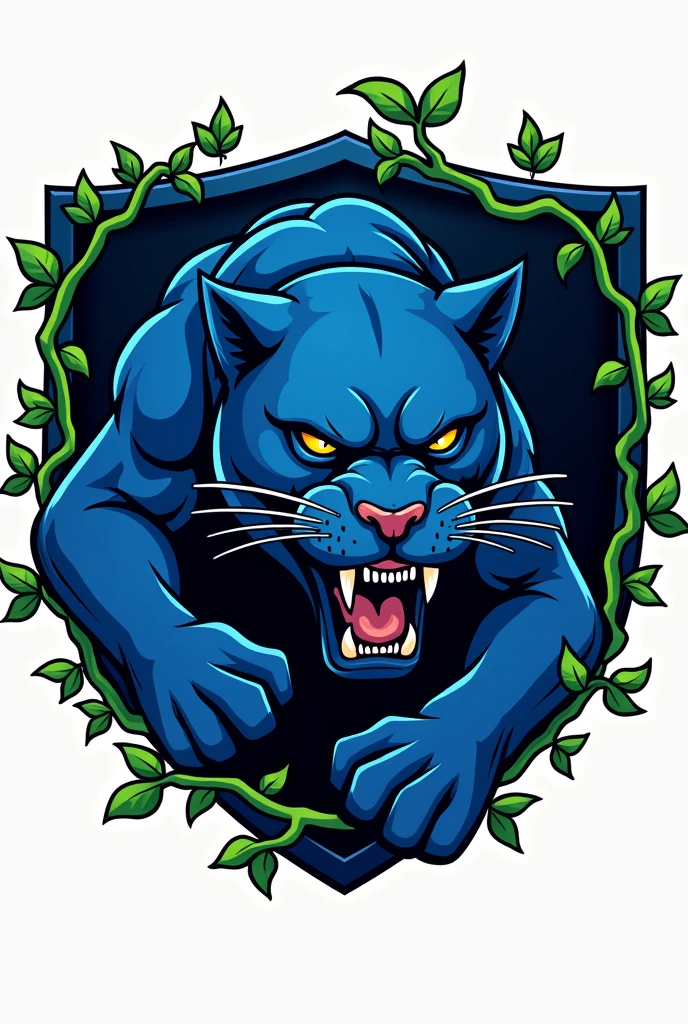 make a shield sports logo with blue panther and ivy, make it look like a panther is almost coming out of it. make the panther bigger.