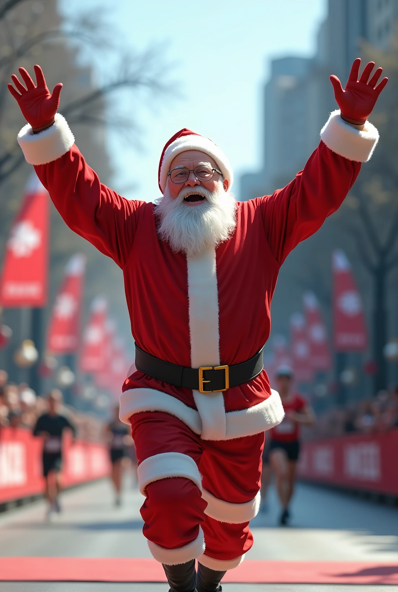 I would like you to create a realistic image of Santa Claus running a marathon and coming in first place, celebrating with great happiness.