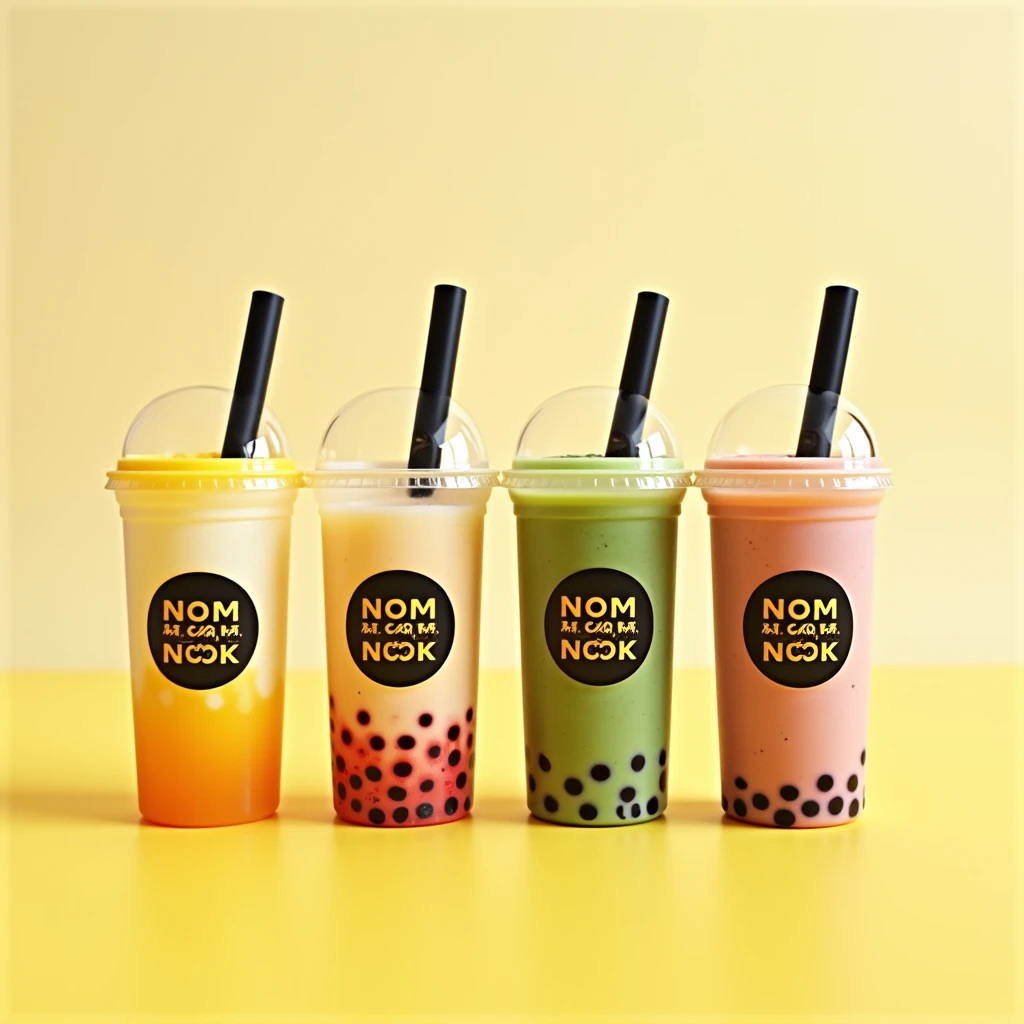 A poster advertising four flying and inclined boba drinks in short transparent sipper glasses with yellow lid and black straws and the glass having a black colour round sticker of the company called nom nom nook written in yellow and white together