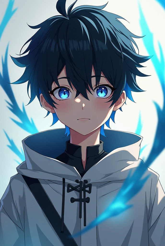 A young boy in a anime theme with his visible aura eyes colour black and cloth white  black in ninja theme 