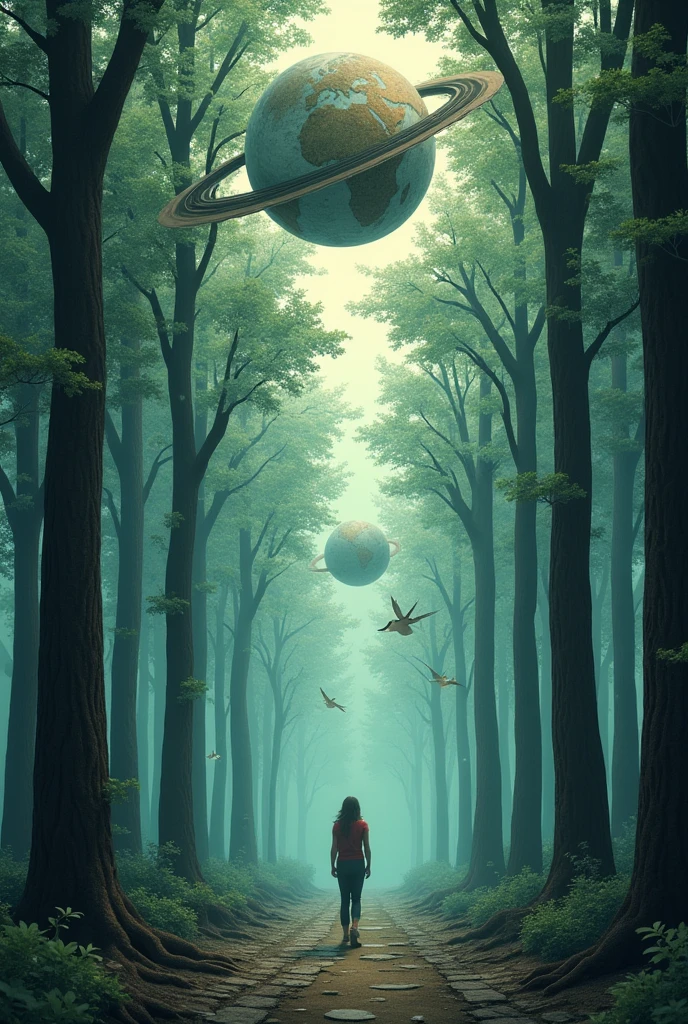 A lone individual stands in a dense forest of towering paper trees, their leaves rustling with the sound of forgotten decisions. Above, planets made of fragile paper orbit silently, each one marked with crossroads and paths not taken. Birds, with wings of fractured glass, soar through the sky, their reflections casting fleeting images of what could have been on the forest floor.