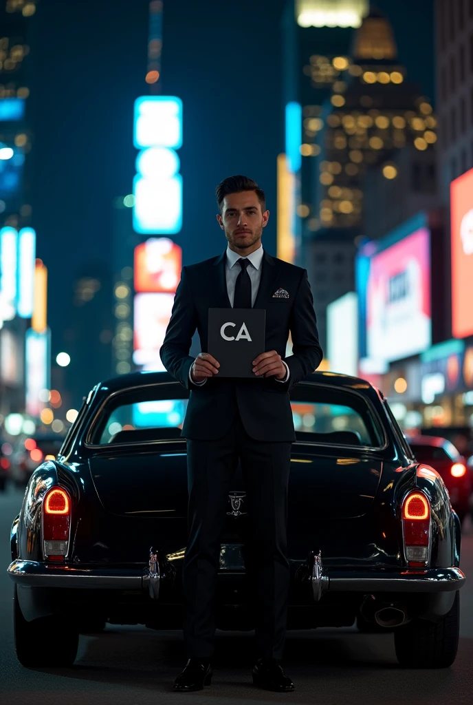 A young, handsome man in a nice black suit with black shoe is standing in a black luxury car top NEWYORK CITY AT NIGHT he hold a poster ' CA '