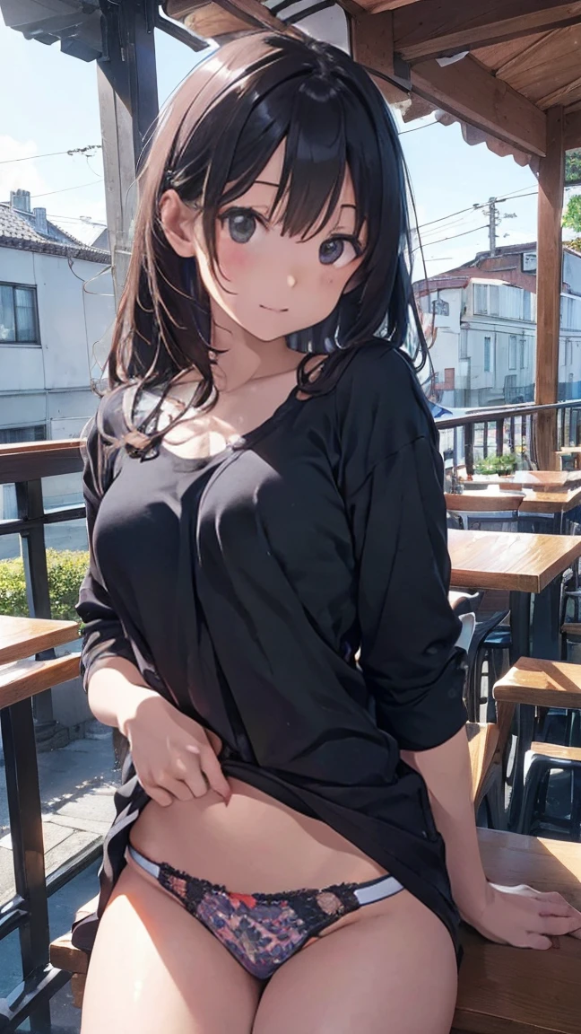 ((Highest quality)), (detailed), Perfect Face、((Highest quality)), (detailed), Perfect Face、Work as a manager at a popular cafe, 3、In a café in the daytime, ((Stand and show)), Spread your legs, ブラウス, ID card hanging from neck, Take off your black panties、 Holding the panties you took off in your hands、Angle from the front、((She has panties、Showing it to me。:1.5))、((Erect nipples: 1.1)), (( Small breasts :1.5 )), ((Small round areola :1.3, ライトピンク:1.3 )), (((スカートめくり, ズボンがない, Genitals are visible))), ((masterpiece)), ((masterpiece))