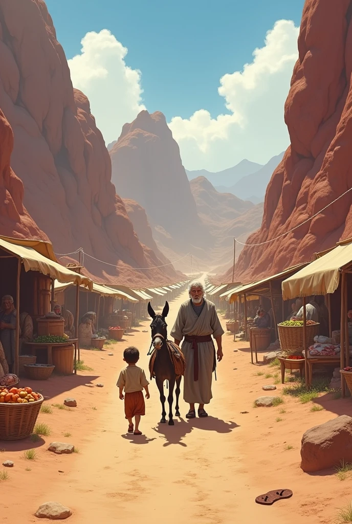 There are 3 characters: a boy, a donkey and an old man walking on a dirt road, with arid mountains of red earth around.
The puny guy in simple clothes.
The old man of medium height in gray clothes.
The donkey will have the riding saddle, Although, he won't carry anything.
They are leaving a city and on the side of the road there are small stalls with traders selling fruit., meats and leather sandals. This scenario is reminiscent of the Middle Ages.