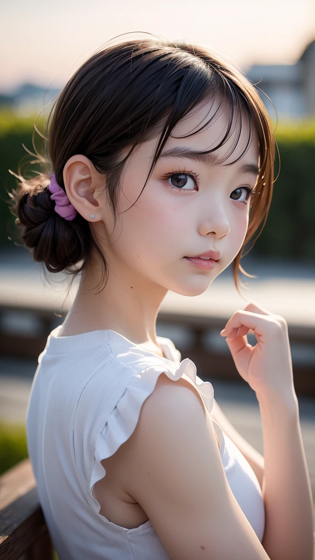 Pie Slash、 Adorable,Japanese Girls, (Portraiture, close:1),Curly shorthair, Scrunchie,( cheek,Glossy Lips:1), View your viewers, ,Sweaty, (Baby Face), (Embarrassing, smile:0.7), (Pale skin:1.1), (From the side), sunset, catch_Light,