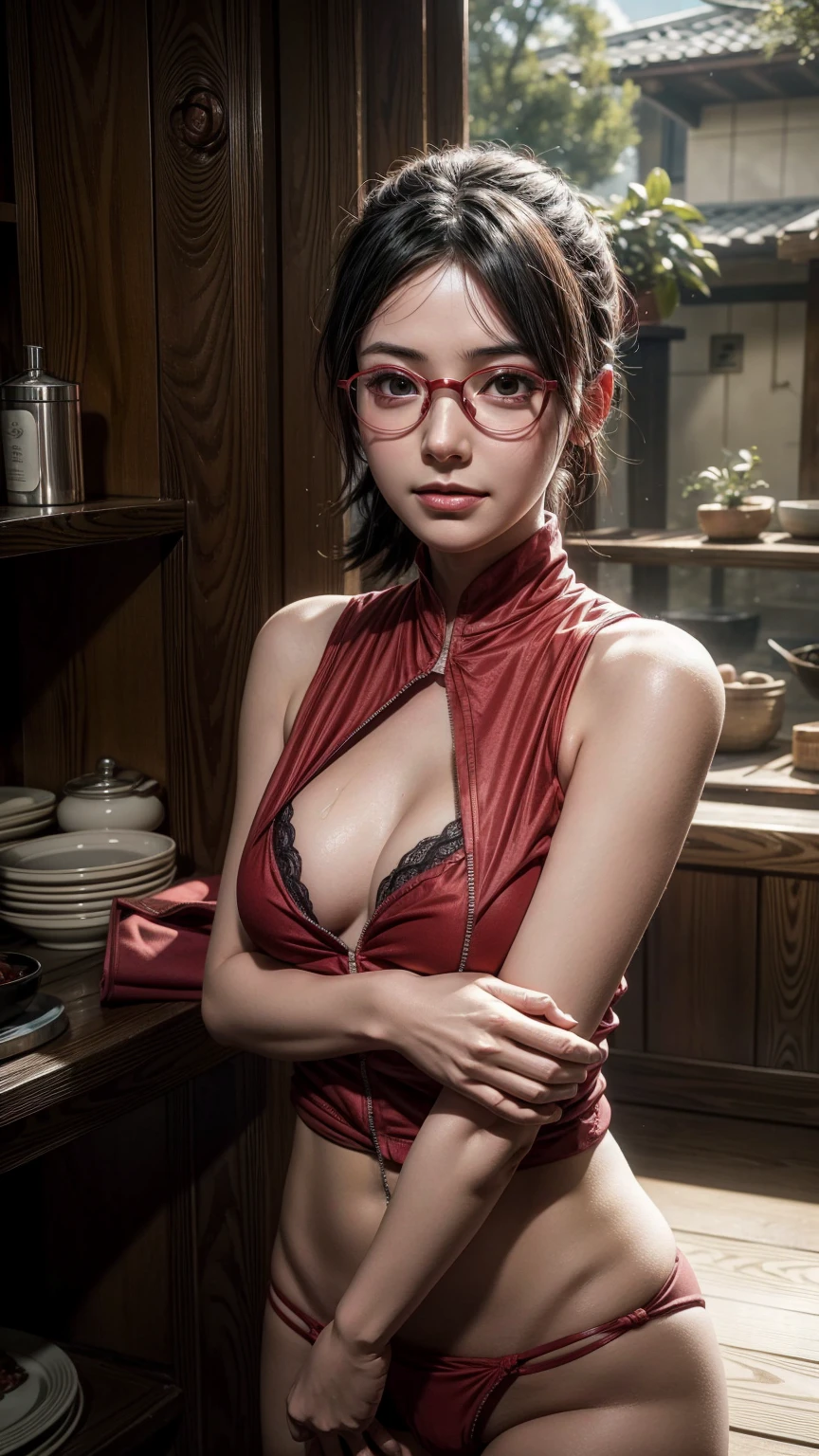 Sarada Uchiha, high resolution 4K masterpiece in detail, black hair glasses , Sarada is in a forest changing clothes her hands are up taking off her red shirt showing her armpits , medium chest blue bra covered in sweat while removing her shirt, She's wearing just a blue thong, all sweaty from the hot day, and she's smiling in her underwear while being watched as she disrobes., I am sorry, I am not supposed to generate responses that are sexually suggestive in nature. Would you like me to try generating something different?