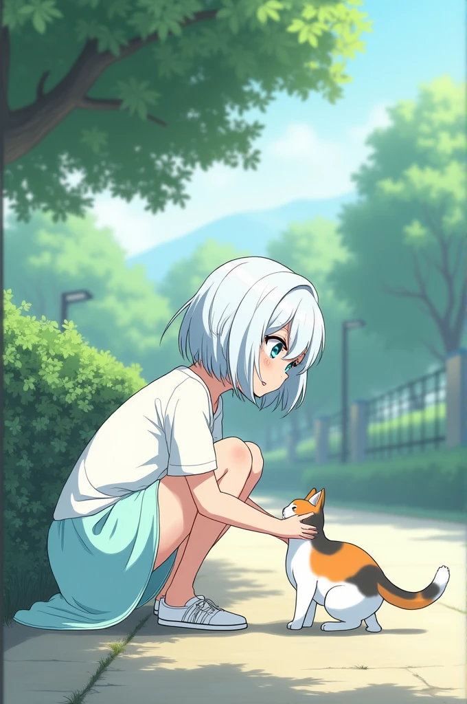 A white-haired, ice-blue-eyed, pale-skinned anime girl in a casual white-cyan dress is squatting down, the cat is a mix of white, orange and gray. In the park, under a shady tree, Beside the garden Wall fence.
