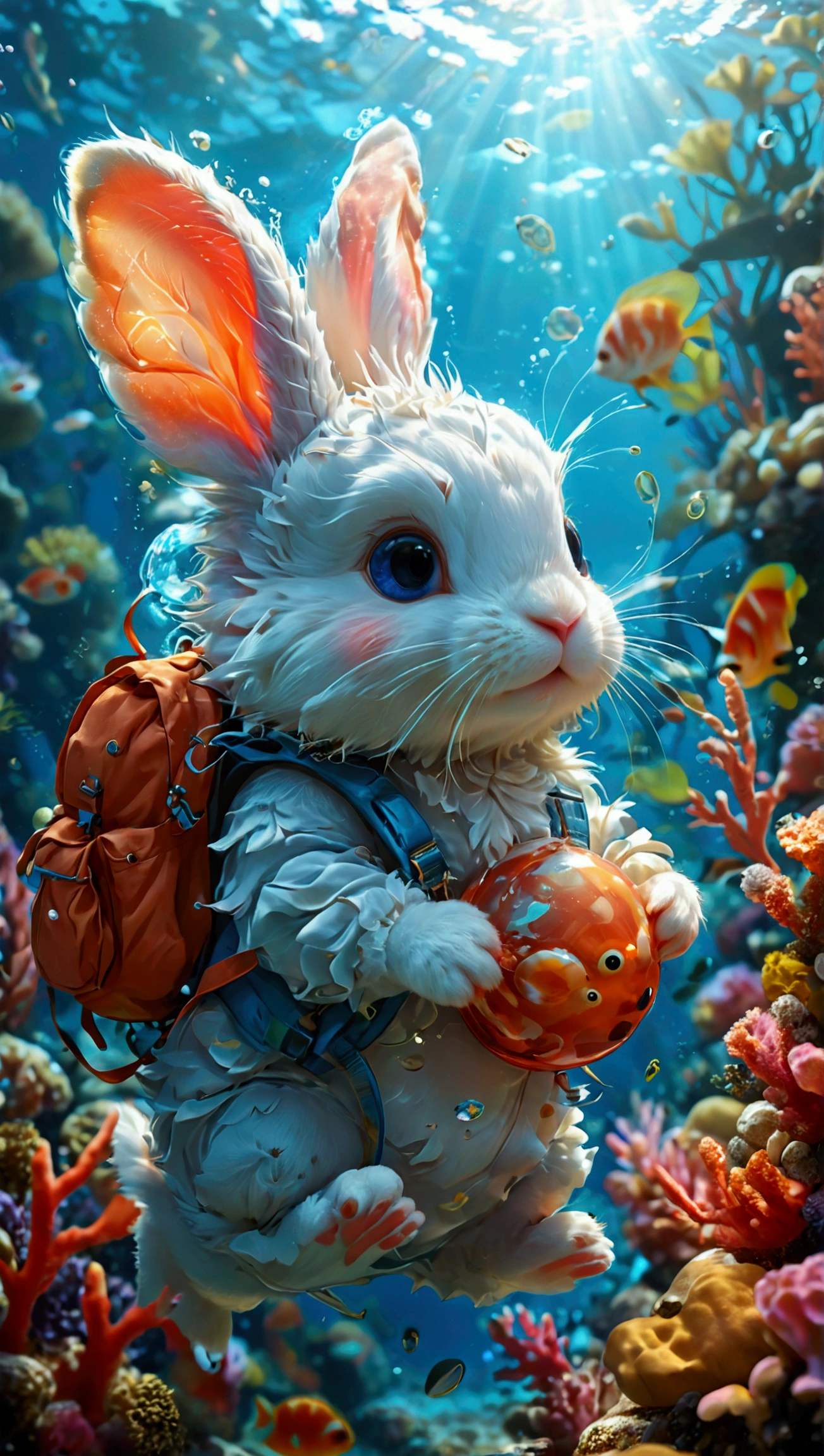 Create an illustration that meets the following conditions:。 -Create an icon with a round frame of a baby rabbit - Realistic anime style - Heartwarming character - Potato Girl - Fantasy background -Baby Rabbit's Theme "In a fantasy world, a fluffy white rabbit swims gracefully through a shimmering blue ocean. It moves lightly like a fish, weaving through colorful coral and seaweed. The rabbit carries a small shell backpack on its back, and the light that sways within the waves reflects fantastically. Surrounding it are vibrant tropical fish and drifting jellyfish, creating a serene and enchanting underwater scene. The overall visual effect features soft lighting and a sense of transparency, making the video visually soothing.”