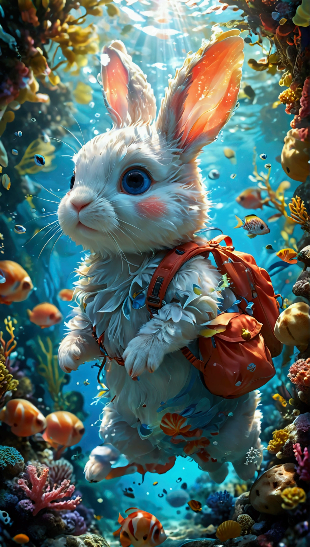 Create an illustration that meets the following conditions:。 -Create an icon with a round frame of a baby rabbit - Realistic anime style - Heartwarming character - Potato Girl - Fantasy background -Baby Rabbit's Theme "In a fantasy world, a fluffy white rabbit swims gracefully through a shimmering blue ocean. It moves lightly like a fish, weaving through colorful coral and seaweed. The rabbit carries a small shell backpack on its back, and the light that sways within the waves reflects fantastically. Surrounding it are vibrant tropical fish and drifting jellyfish, creating a serene and enchanting underwater scene. The overall visual effect features soft lighting and a sense of transparency, making the video visually soothing.”