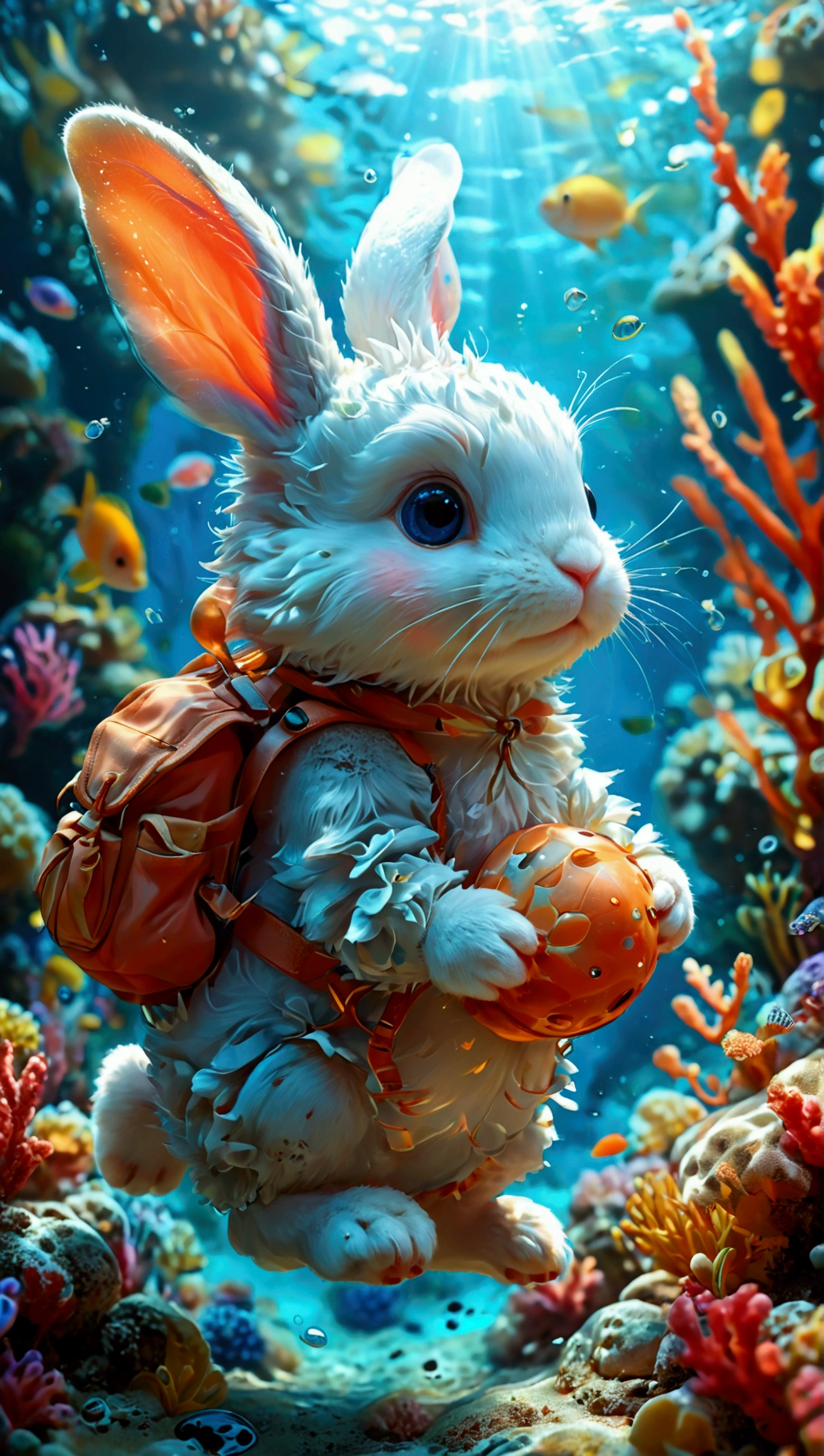 Create an illustration that meets the following conditions:。　-Create an icon with a round frame of a baby rabbit　- Realistic anime style　- Heartwarming character　- Potato Girl　- Fantasy background　-Baby Rabbit&#39;s Theme &quot;In a fantasy world, a fluffy white rabbit swims gracefully through a shimmering blue ocean. It moves lightly like a fish, weaving through colorful coral and seaweed. The rabbit carries a small shell backpack on its back, and the light that sways within the waves reflects fantastically. Surrounding it are vibrant tropical fish and drifting jellyfish, creating a serene and enchanting underwater scene. The overall visual effect features soft lighting and a sense of transparency, making the video visually soothing.”