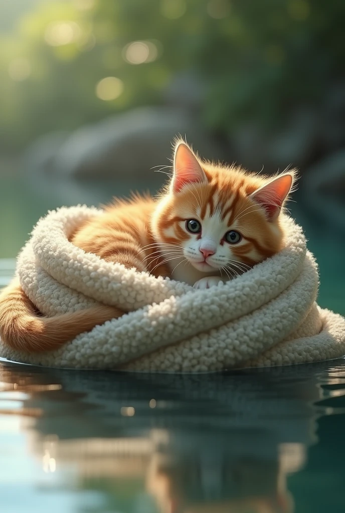 Absurd, High resolution, Super detailed, beautiful, masterpiece, Highest quality、水面に光がreflectionしている、reflection、Realな質感、Realistic、Real、Realistic、Blur、Cat、Wrap yourself in a futon、Eyes are moist