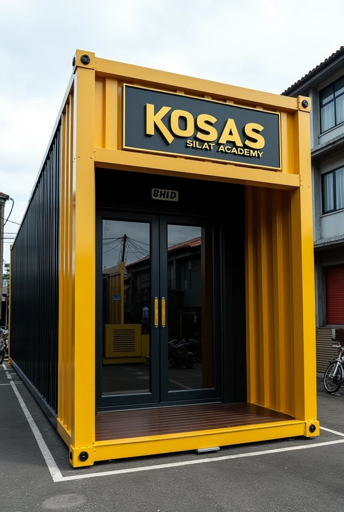 Container cabin size 10x20 Painted in black and yellow .Above it there is a board that says KOSAS SILAT ACADEMY.super realistic