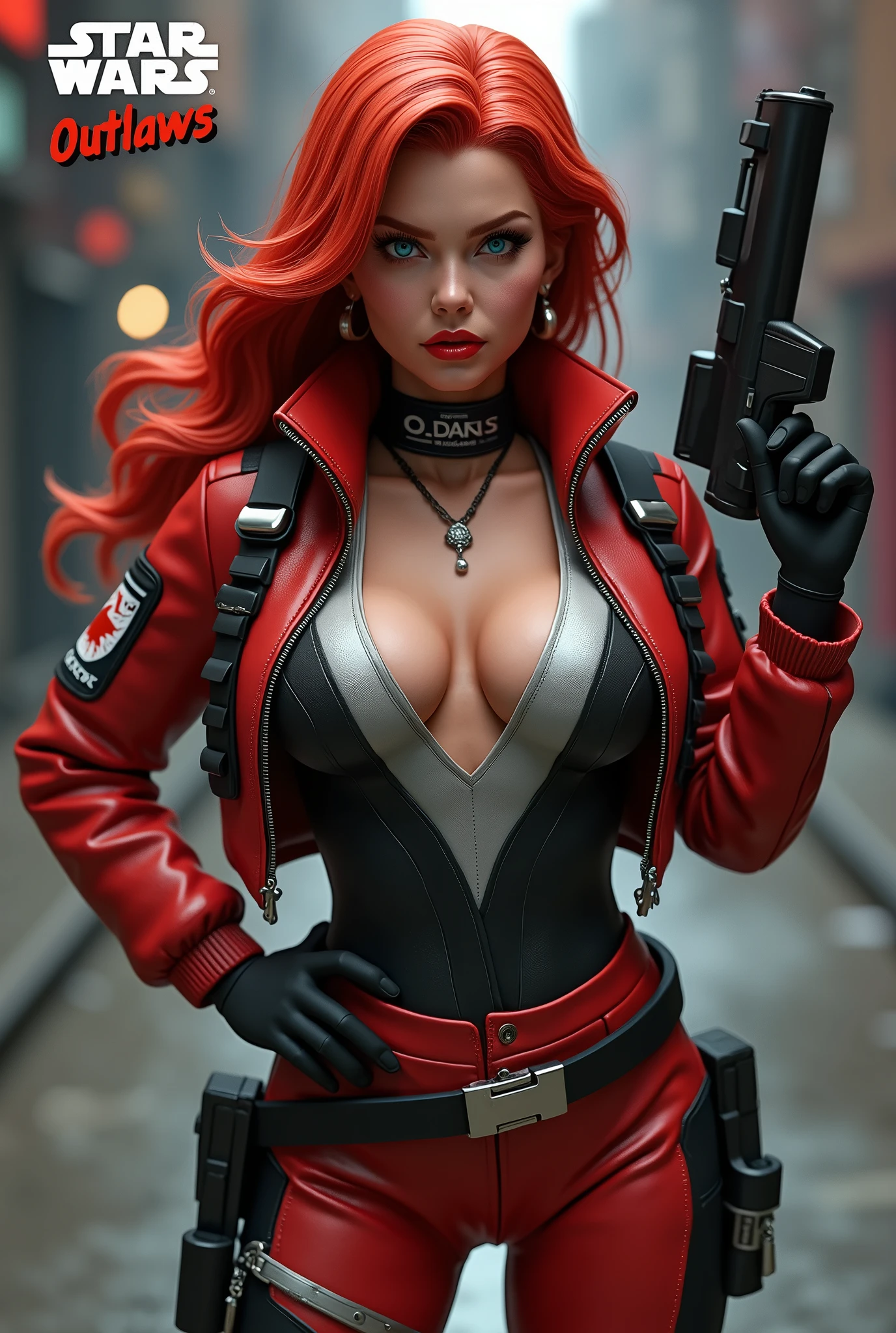 Captured from a high-angle, eye-level perspective, high detailed full body front facing shot, a woman beautiful hourglass body with large breasts, dressed in a gray and black flight jacket gray and black pants with a black leather utility belt, holds a futuristic blaster handgun in her right hand. Her left hand is raised in the air, while her right arm rests on her hip. Her right arm is draped over her shoulder, adding a pop of color to the scene. The girl's hair is a bright red full body over the shoulder with bangs, Her eyes are a piercing blue, and her lips are a bright shade of red, with a slight smile on her face. The backdrop is blurred in the background there is 3D text that reads "Star Wars Outlaws" at the top of the picture, creating a stark contrast to the girl. Star Wars Movie Style Science Fiction, realistic, Futurism, retina, masterpiece, accurate, anatomically correct, textured skin, super detail, best quality, award winning, highres, 4K, 8k, 16k