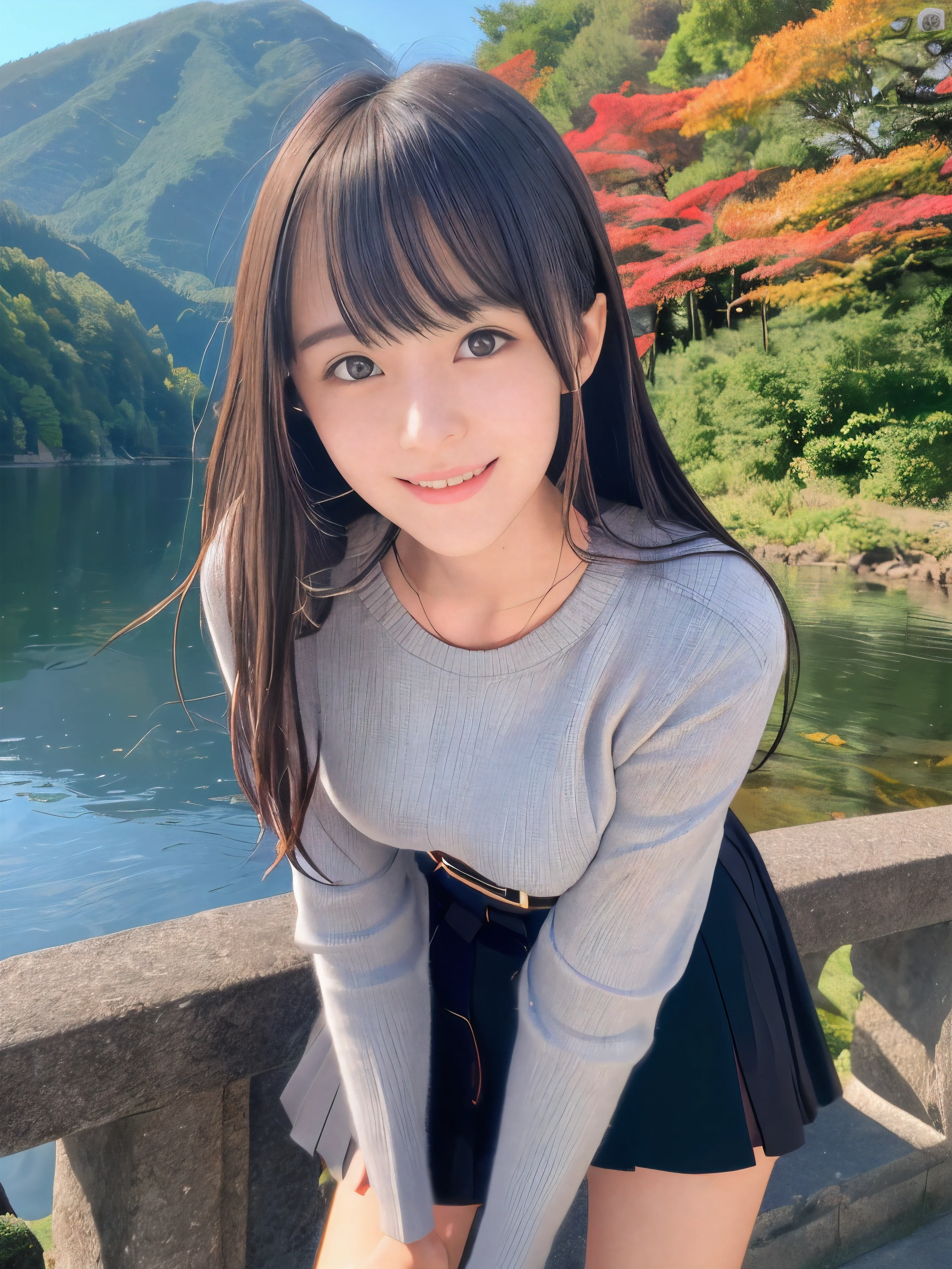 (Close up face shot of one slender small breasts dark silver long hair with swept bangs girl in a long sleeves shirt and sweater and skirt:1.5)、(One girl is leaning forward with happy smile on the dart road near the lake and big waterfall in Japan:1.5)、(Beautiful autumn red leaves and mountain view:1.5)、(Natural light:1.5)、(8k ultra detailed master piece:1.5)、(perfect anatomy:1.5)、(Photorealistic stick:1.5)、(Raw photo:1.3)、(highest quality:1.5)、(High resolution:1.3)、(Delicate and beautiful perfect face:1.3)、(Delicate and beautiful eye air skin:1.3)、(Real Human Skin:1.3)、((thin legs))