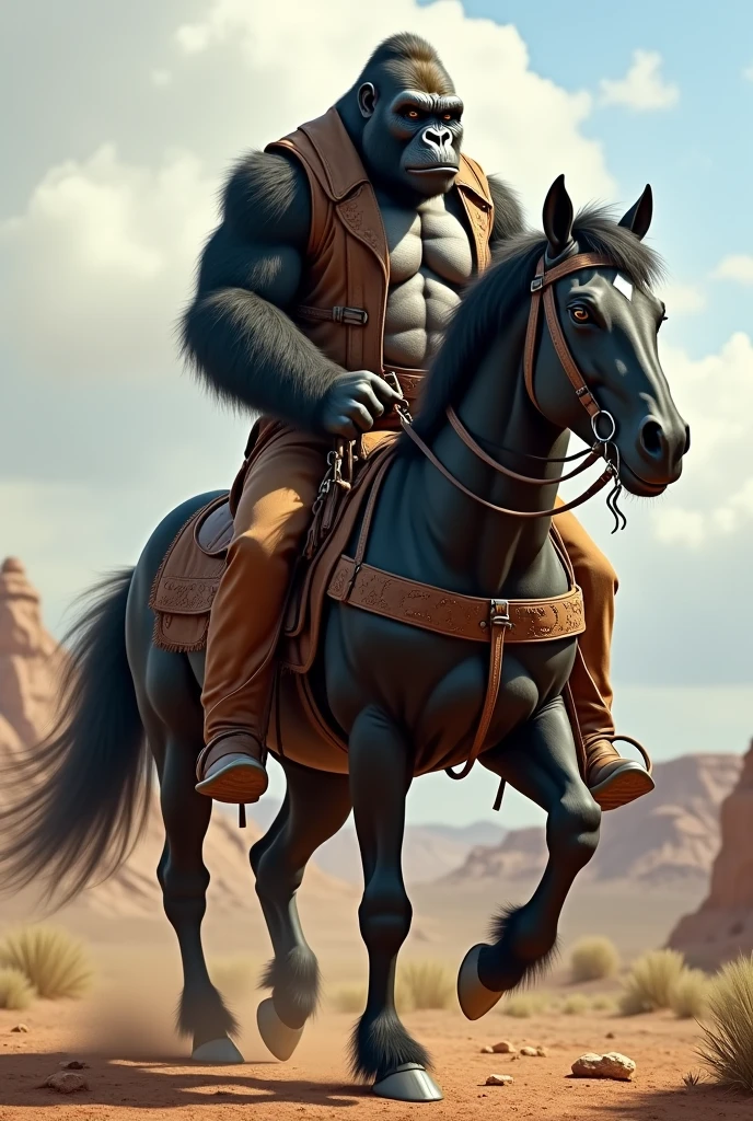 Animal gorilla as a cowboy on black horse
