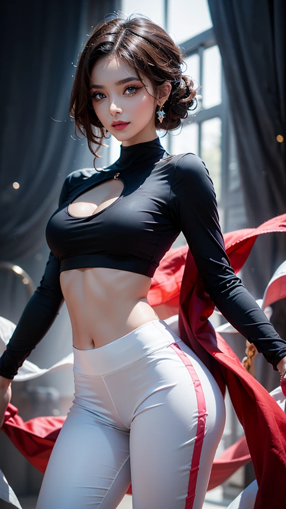 (absurd quality,16k,highres,masterpiece:1.2), ultra details,UHD,(photorealistic Realism 16K Quality), (Masterpiece, Top Quality, Best Quality, Official Art, Beauty and Aesthetics: 1.2), Extreme Detail, (ultra absurd quality, extremely detailed detail, hyper resolution, clear sharp focus, not blurry, Realistic brown_eyes:1.35), (perfect dark_eyeshadows), detailed lips:1.3,pink_makeup:1.22, long_blue_eyeliner:1.28, red_lipstick:1.35,(perfect dark_eyeshadows:1.4), (super detailed professional makeup on eyes:1.3), (Detailed nose:1.2), Depth of field, cinematic light, Lens flare, dslr, best high quality soft lighting, sharp focus captured by Fujifilm XT3, f 5.6, in a dramatic lighting, ((view the viewer:1.3)), (extremely beautiful face, beautiful lips), intricate detail face, ((ultra detailed skin)), ((firm big full breasts)), (1 Girl), in the deep shadow, (Very stretchy, loose pants: 1.3), ((white translucent, airy pants:1.3)), (Women Crop Top, , , (Low cut O-Ring Keyhole), Tops Slim Long Sleeve Shirt Black :1.22), extremely detailed, (Glamour, paparazzi taking pictures of her), ((High Contrast)), long legs, medium ass, (layer cut: 1.2), ((no_Panties)), ((Whitens skin, slim face)), slim belly: 1.2, (well-muscled body:1.32), The attention to detail, Double eyelids, (Erotic:1.3), satisfaction smile, gorgeous appearance, electrifying appearance, (Dynamic pose: 1.2), ((sharp focus)),
