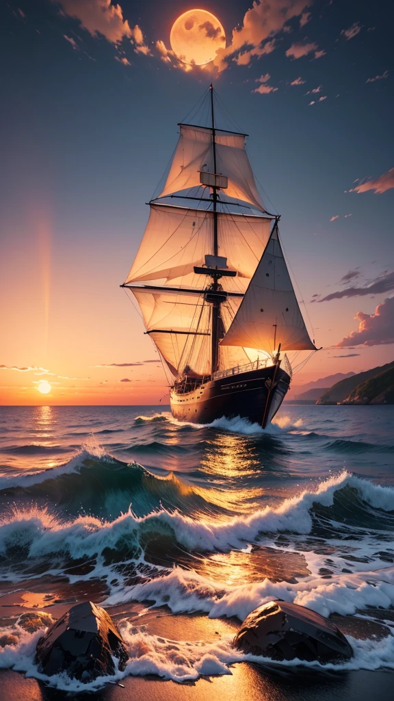 a peaceful coastal landscape at sunset, crescent moon in twilight sky, lone ship sailing on calm ocean, water reflecting fiery sunset colors, detailed realistic painting, masterpiece, cinematic lighting, intricate details, vibrant colors, dramatic colors, serene atmosphere, beautiful scenery, photorealistic, highly detailed, 8k, best quality