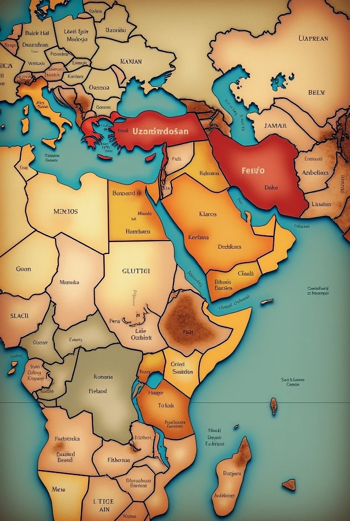 CREATE A HISTORICAL LOOKING WORLD MAP ONLY HIGHLIGHTING kenya, uzbekistan, peru, romania, poland by colouring their territories completely with a vintage looking colour