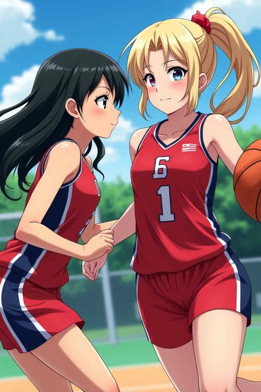 ((Top quality and masterpiece)), Two beautiful mature women from the world of My Hero Academia，Small-minded、A shy, black-haired, beautiful mature woman，A beautiful mature woman with a young mother-like appearance, featuring light blonde hair, red eyes and white eyes.，Mom&#39;s Basketball，Sweaty and smiling sports uniform