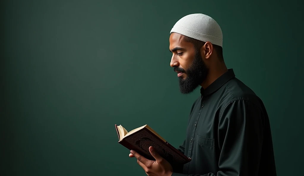 (photorealism:1.2),Picture of a Muslim holding the Qur&#39;an in his left hand, with a simple but strong background, like dark green or dark blue. Beside the picture, Write it down "3 Signs of True Faith" with a bold and easy to read font, and below it is small "Hadith No.. 15 - Rasulullah ﷺ".

Additional Texts:
- "Believing in God and the Last Day"
- "Hadith study"