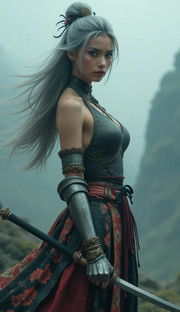 (wide-angle), (long distance portrait), (PureErosFace), (very curvy a young women), pores, hair band, flying long hair, (gray hair), ancient head ornament, long decorative scarf around the waist, hairpin, cynical look, (shadow, film grain, zskuijia), "chinese a combination of armor silver and costume Floral Print Sleeve top halter tank top sexyhot Qipao" Cheongsam). sword, field, standing on the highest hill, misty, fantasy world. gloomy and dramatic atmosphere

