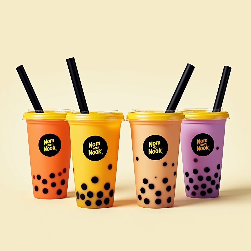 A poster advertising four flying and inclined boba drinks in short transparent sipper glasses with yellow lid and black straws and the glass having a black colour round sticker of the company called "nom nom nook" written in yellow and white together