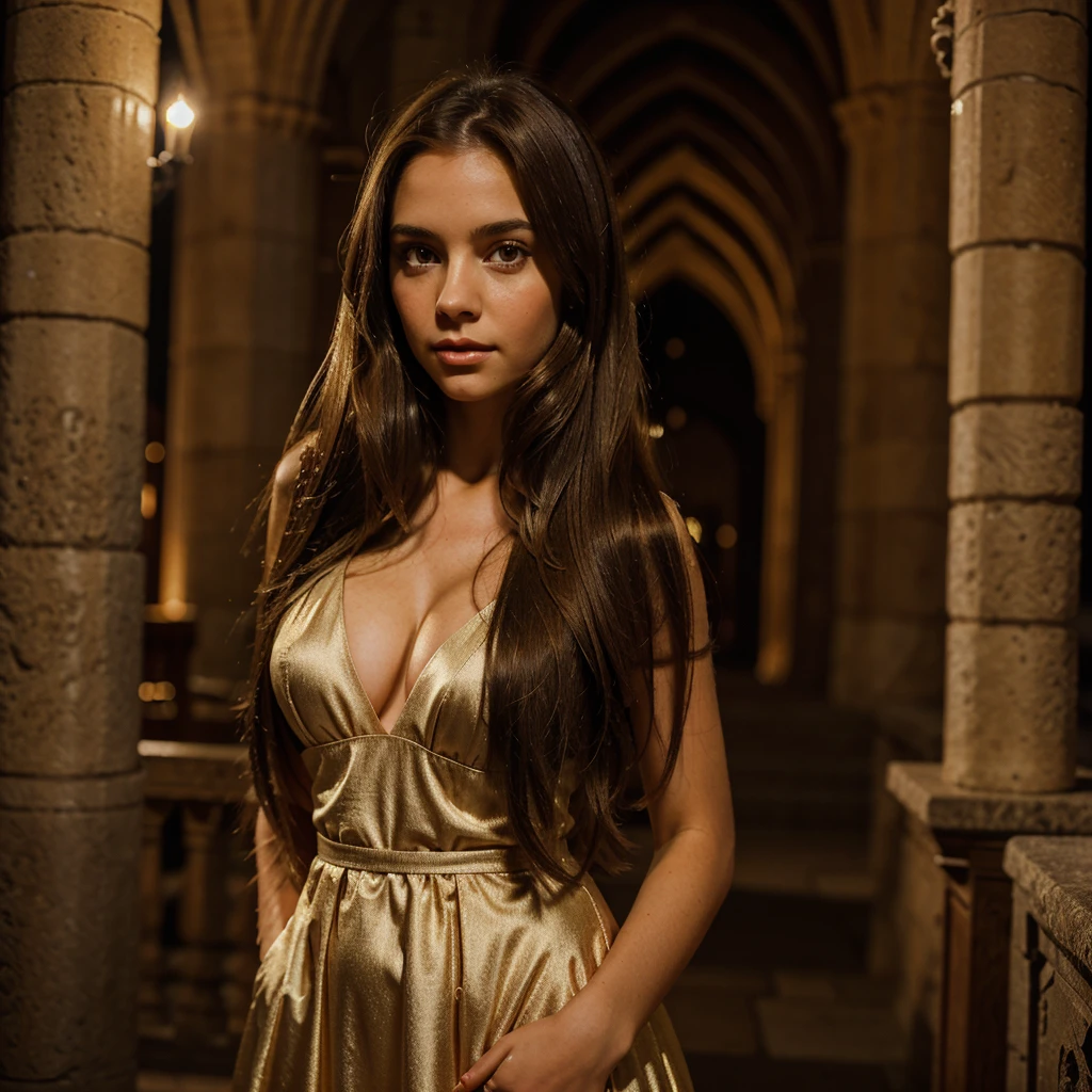 girl with long brown hair , light eyes, sexy look , with evening dress, in the center of mallorca cathedral at night , hyper detailed photography , soft light, portrait, realist
