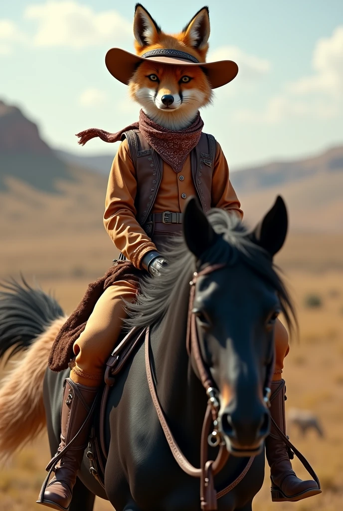 Animal fox as a cowboy on black horse