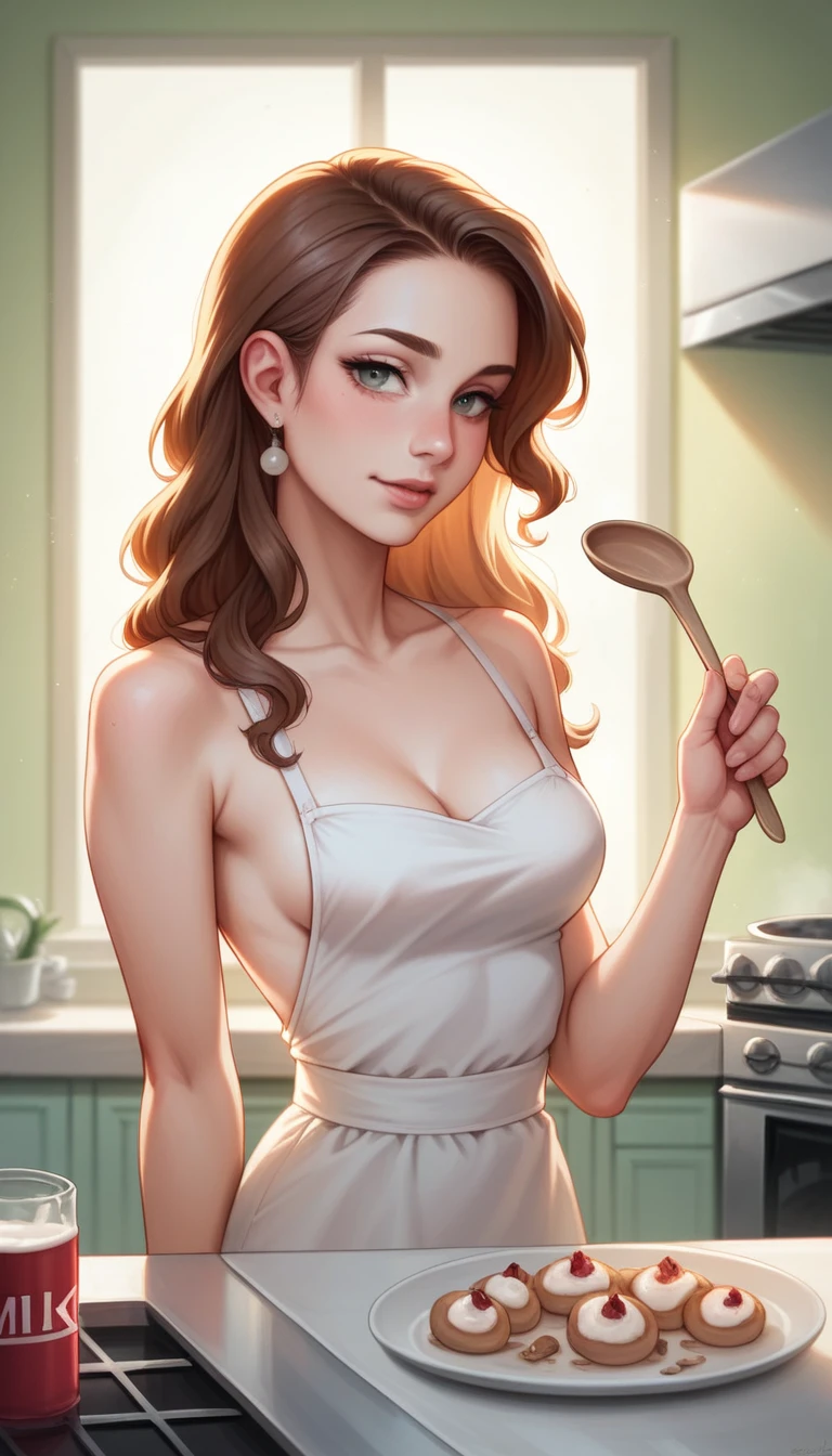 very sexy girl, long straight brown hair, colorful earrings, large square glasses, wearing only a kitchen apron, in the kitchen cooking, small breasts, smiles, adorable, oil painting, chiaroscuro, sensual and dramatic lighting, atmosphere moody, photorealistic, intricate details, masterpiece, ultra detailed, high quality, 8k, best quality, realistic, cinematic, dark and brooding, expressionistic, powerful composition, emotional impact, art inspired by Bill Sienkiewicz