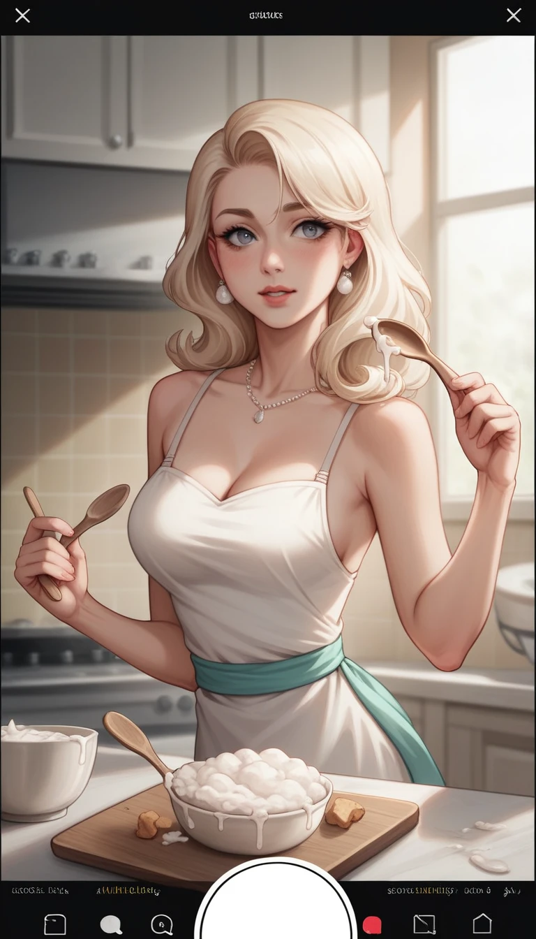 score_9, score_8_up, score_7_up, BREAK, score_9, smile, blonde hair, White bangle, Pink spaghetti-strap gown with frilled trim, gold necklace, francine_smith, purple eyeshadow, long hair, makeup, breasts, lipstick, looking at viewer, cowboy shot, ass, from behind, home, kitchen
