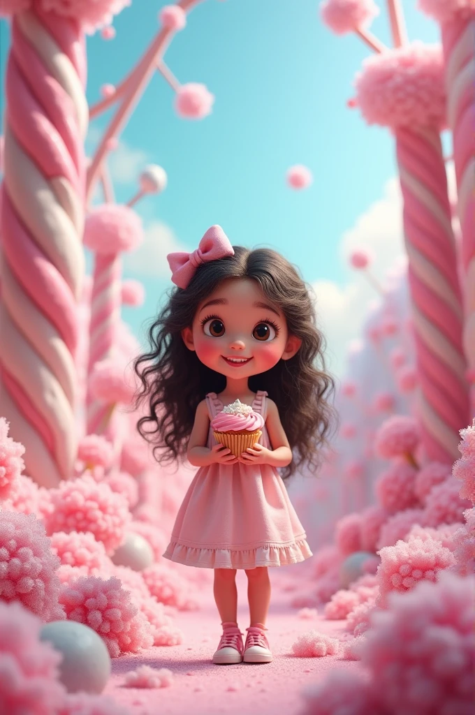 between 09 and 10 years , skin fair, long dark curly hair , dark brown eyes , with a cupcake in hand , In a sweet world .