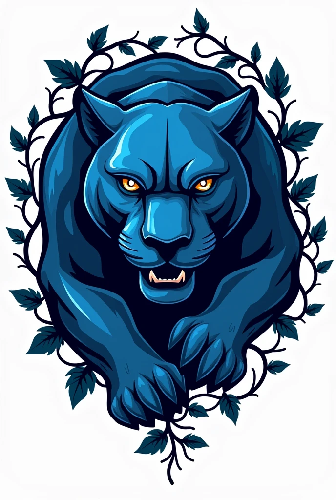 make a sports logo with blue panther and ivy, make it look like a panther is almost coming out of it. make the panther bigger.