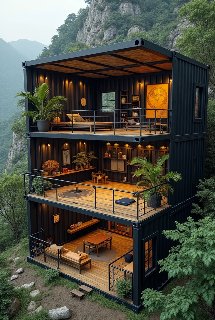 Container cabin size 10x20 Painted in black and yellow .Above it there is a board that says KOSAS SILAT ACADEMY.Super Realistic.cross sectional view of cabin